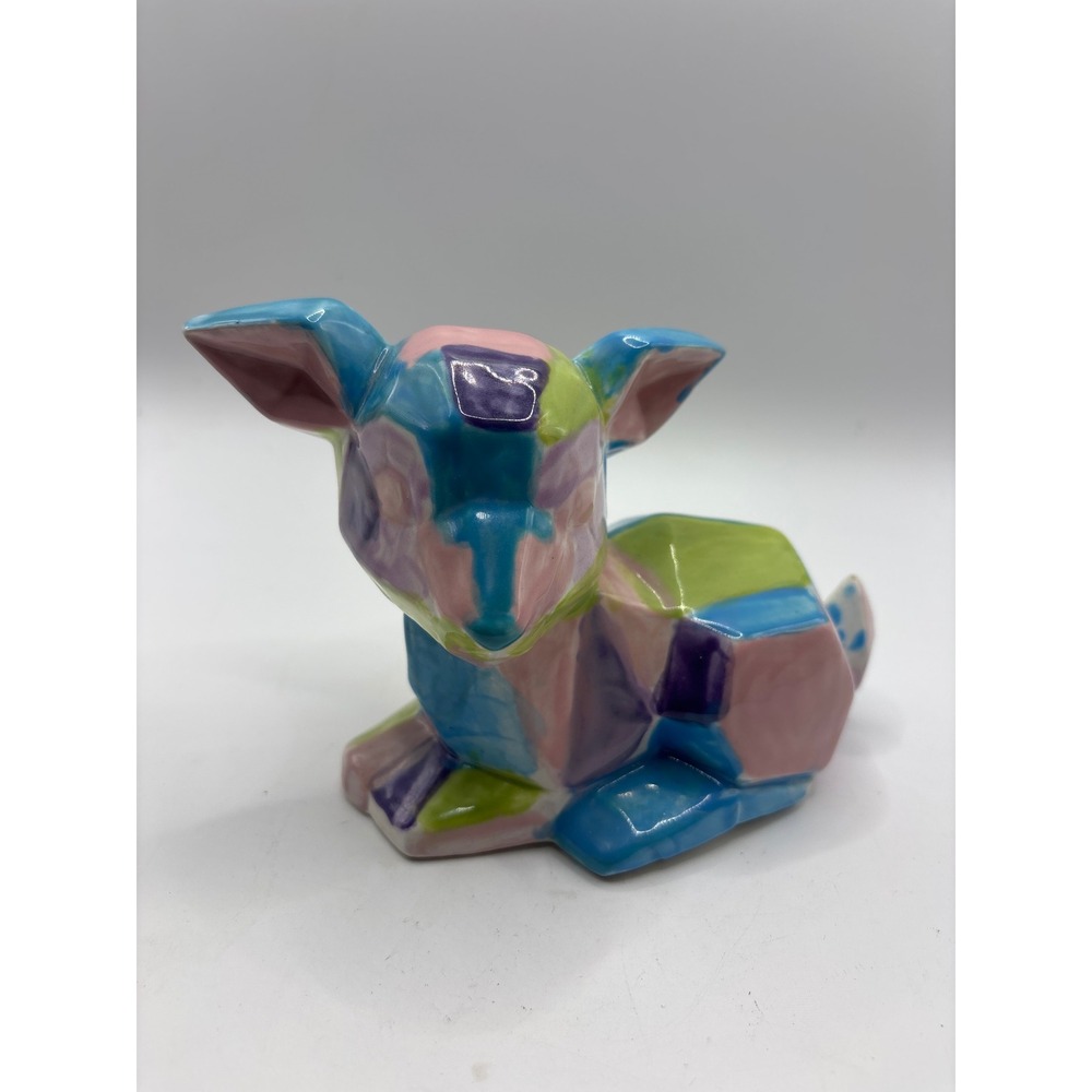 Mayco 2021 Ceramic Deer Figurine Faceted Geometric Pastel Patchwork Art Pottery